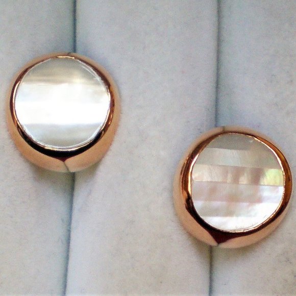 Designer 18K 750 Rose Pink Gold Carved Mother Of Pearl Omega Back Earrings 10.8g - Picture 5 of 12